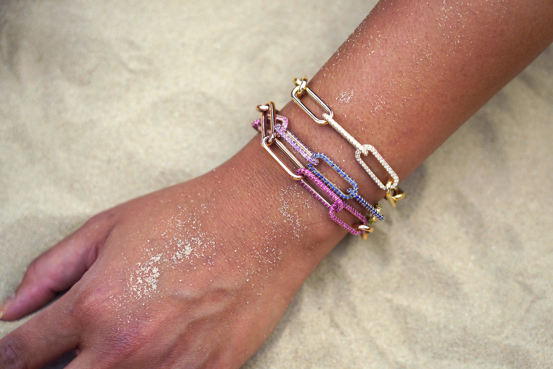 Large Yellow Gold Bracelet With Two White Diamond Pave Links